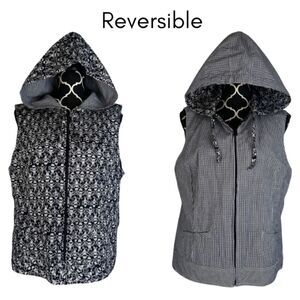 Reversible Hooded Sleeveless Full Zip Vest Jacket Gingham & Bees Handmade Sz LG